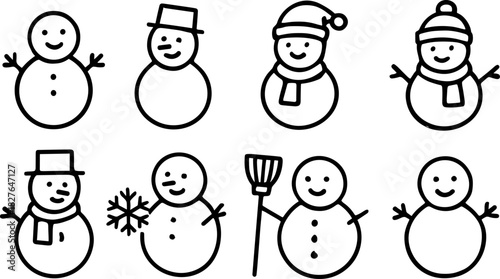 Snowman icons set. Winter holiday characters, Christmas snowmen, outline vector illustrations