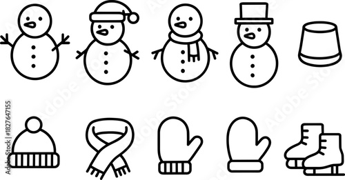 Snowman icons set. Winter holiday characters, Christmas snowmen, outline vector illustrations