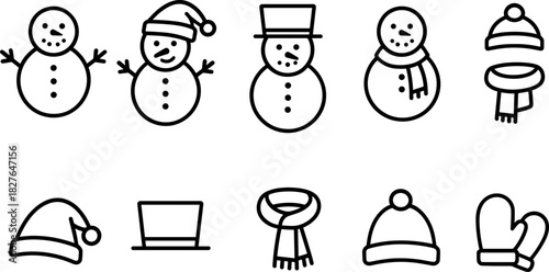 Snowman icons set. Winter holiday characters, Christmas snowmen, outline vector illustrations