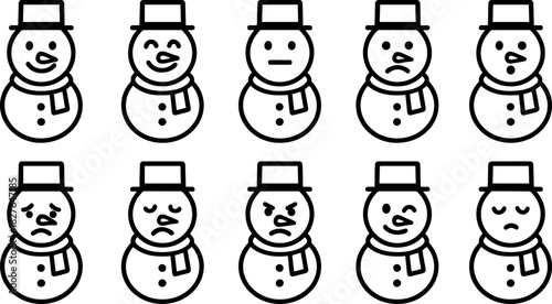 Snowman icons set. Winter holiday characters, Christmas snowmen, outline vector illustrations