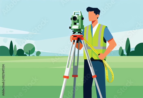 An illustrated surveyor stands in a field using equipment. He is holding a measuring tape. Trees are in the background