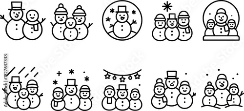 Snowman icons set. Winter holiday characters, Christmas snowmen, outline vector illustrations