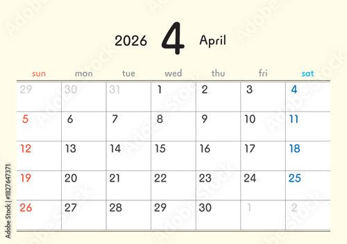 2026年カレンダー4月