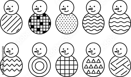 Snowman icons set. Winter holiday characters, Christmas snowmen, outline vector illustrations