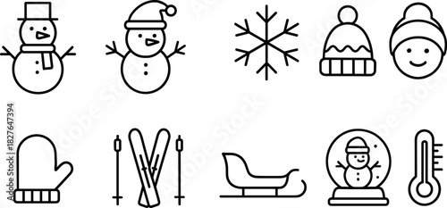Snowman icons set. Winter holiday characters, Christmas snowmen, outline vector illustrations