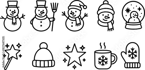 Snowman icons set. Winter holiday characters, Christmas snowmen, outline vector illustrations