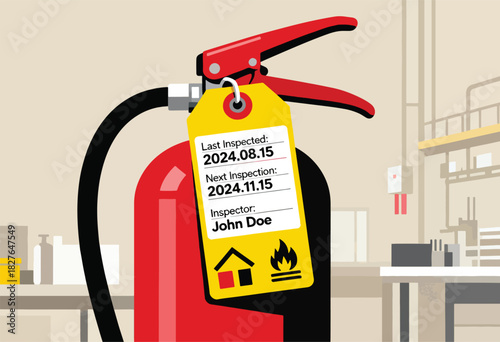 A red fire extinguisher with a yellow inspection tag, bearing inspection dates and the name "John Doe.