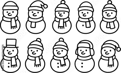 Snowman icons set. Winter holiday characters, Christmas snowmen, outline vector illustrations