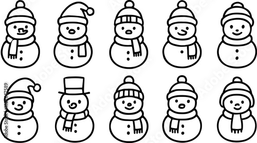 Snowman icons set. Winter holiday characters, Christmas snowmen, outline vector illustrations