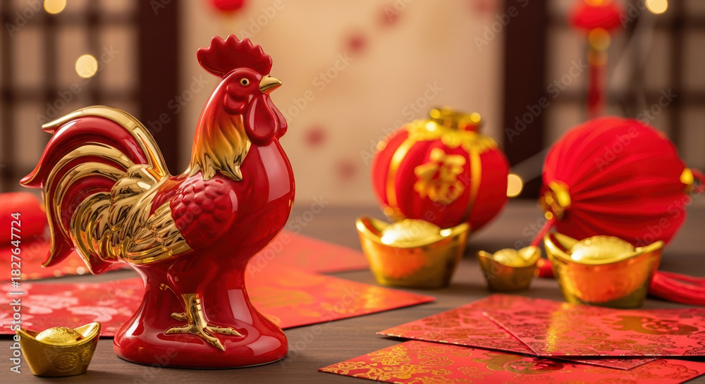 Fototapeta premium Lunar New Year celebration with rooster figurine, featuring gold ingots and traditional decorations. Celebrate Lunar New Year with festive symbols like lucky money envelopes and lanterns.