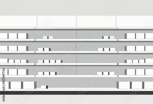 A minimalist depiction of store shelves, with boxes and gray tones suggesting a sparse aesthetic