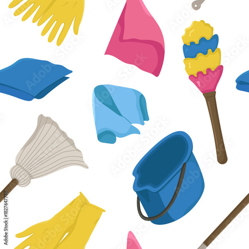Vector seamless pattern with attributes for cleaning the premises. Drawing for various projects with bright items for cleanliness.