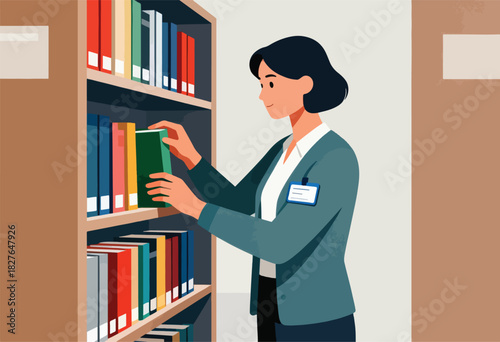 A woman in a jacket retrieves a book from a library shelf filled with colorful books