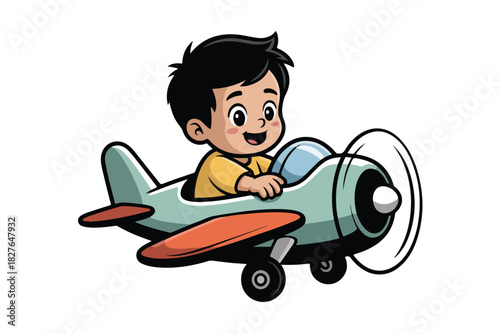 A cartoon child in a vintage-style airplane, smiling, with a spinning propeller, and a blue windscreen