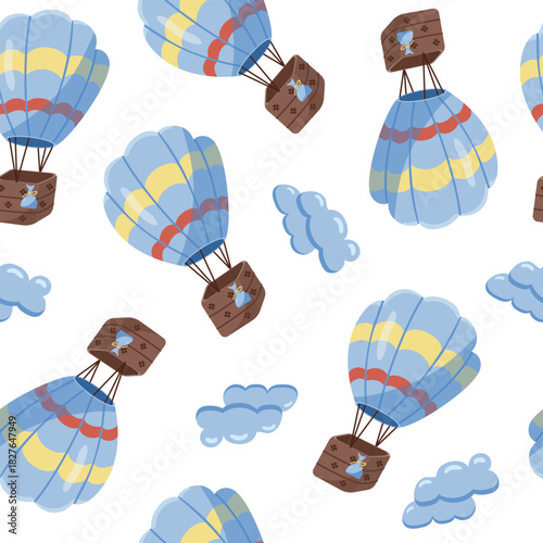 Vector seamless pattern with air balloons and clouds. Wanderlust, vacation and tourism concept.