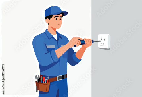 An electrician in blue overalls is fixing an electrical outlet with a screwdriver. There's a tool belt