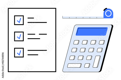 Completed checklist, digital calculator, and measuring tape highlight project management, financial planning, measurement, accuracy, productivity, organization, and task prioritization in a simple