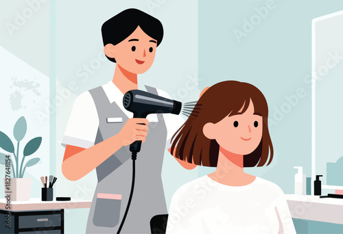 Stylist uses a hairdryer on a client's brown hair in a salon. Other beauty items and a plant are visible