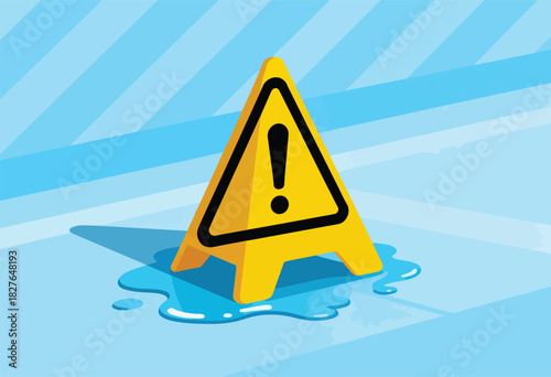 A yellow hazard sign with an exclamation mark stands in a puddle on a tile floor. Abstract blue background
