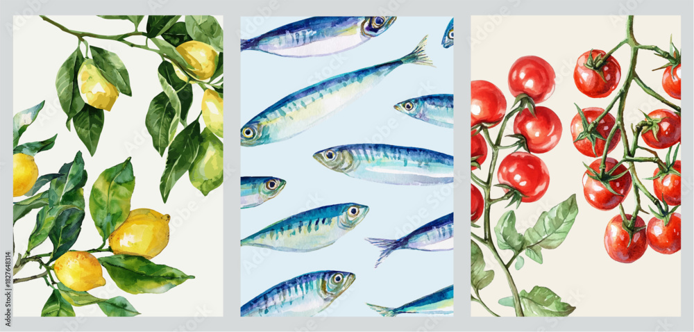 Naklejka premium Italian Mediterranean coast featuring Amalfi lemons, fresh tomatoes, and seafood. Watercolor summer poster set with vibrant yellow citrus, coastal patterns, and Italy travel motifs.