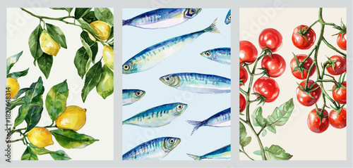 Italian Mediterranean coast featuring Amalfi lemons, fresh tomatoes, and seafood. Watercolor summer poster set with vibrant yellow citrus, coastal patterns, and Italy travel motifs.