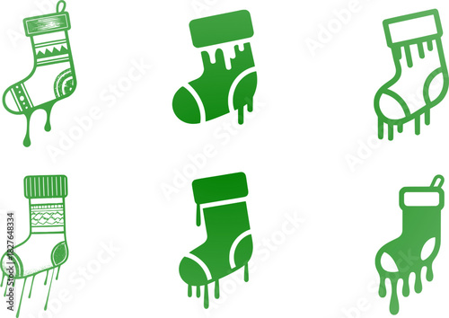 Green dripping Christmas stocking vector set featuring festive socks, holiday stocking icons, seasonal elements, decorative winter design