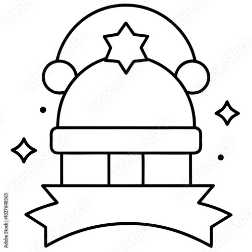 Festive Christmas Santa Hat with Star and Ribbon Decoration in Outline Style