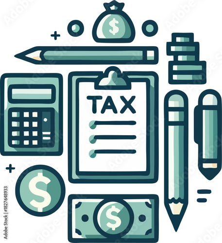 Tax Preparation Tools Icon Set with Clipboard, Calculator, Money Bag, and Dollar Symbols