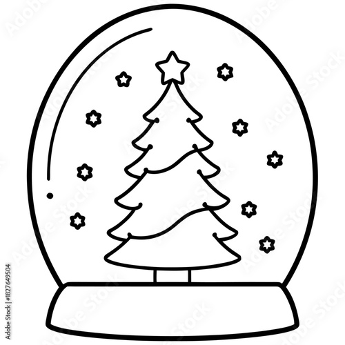 Winter Holiday Magic Christmas Tree in Snow Globe Outline Illustration Festive Season