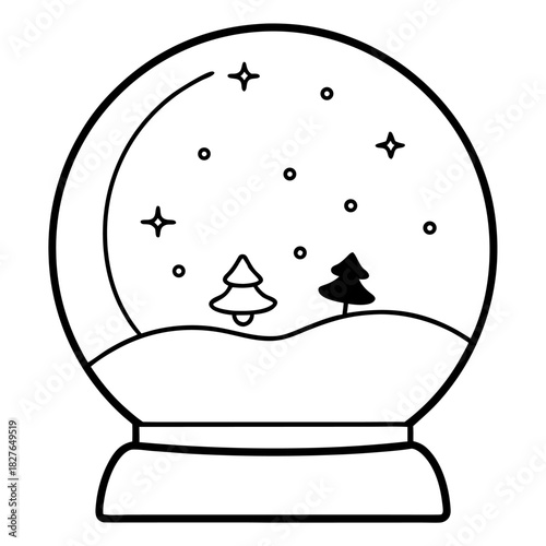 Winter Wonderland Snow Globe Illustration with Christmas Trees and Falling Snow Black and White