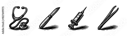 Medical instruments vintage engraving icons set, stethoscope scalpel syringe tweezers