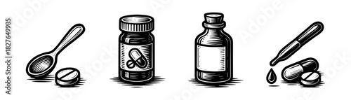 Medicine and pills vintage engraving icons set, tablets capsules bottles dosage
