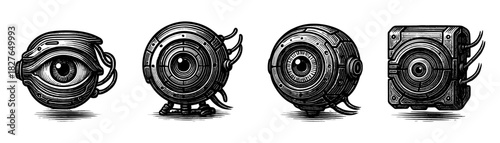 Eye scan vintage engraving icons set, biometric retina recognition symbols