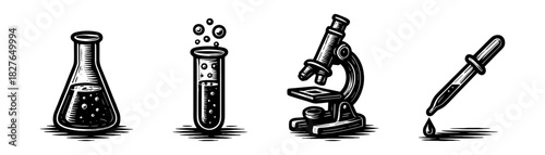 Laboratory science vintage engraving icons set, flask test tube microscope pipette