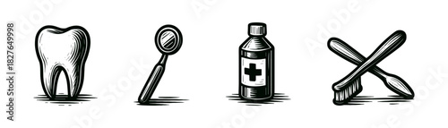Dental care vintage engraving icons set, tooth mirror medicine toothbrush
