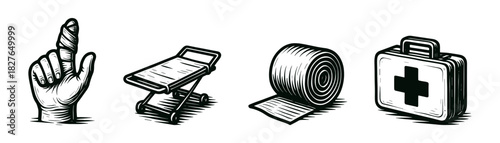 First aid vintage engraving icons set, bandage roll plaster medical kit