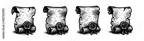 Post apocalyptic parchment vintage engraving icons set, gas mask on scroll