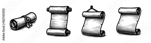 Parchment scrolls vintage engraving icons set, old paper documents