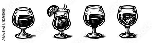 Drink glasses vintage engraving icons set, cocktail wine goblet collection