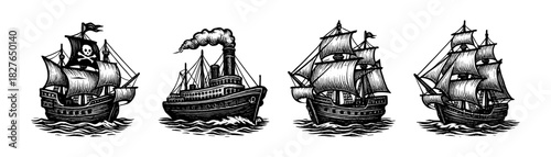 Sailing ships vintage engraving icons set, pirate galleon and tall ships