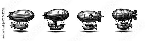 Airships vintage engraving icons set, steampunk zeppelin flying vessels