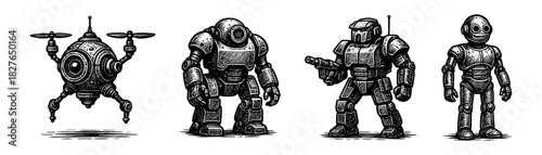 Combat robots vintage engraving icons set, drone mech android soldiers