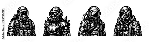Post apocalypse survivors vintage style engraving icons, sci-fi character set
