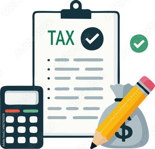 Tax Preparation Icon with Clipboard, Calculator, Money Bag, and Pencil – Flat Finance Vector