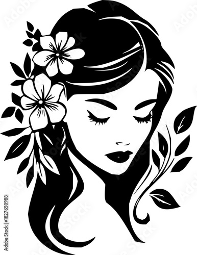Elegant woman with flowers in hair, dreamy eyes, perfect for beauty salon branding, spa promotions, or fashion designs with a delicate, feminine touch