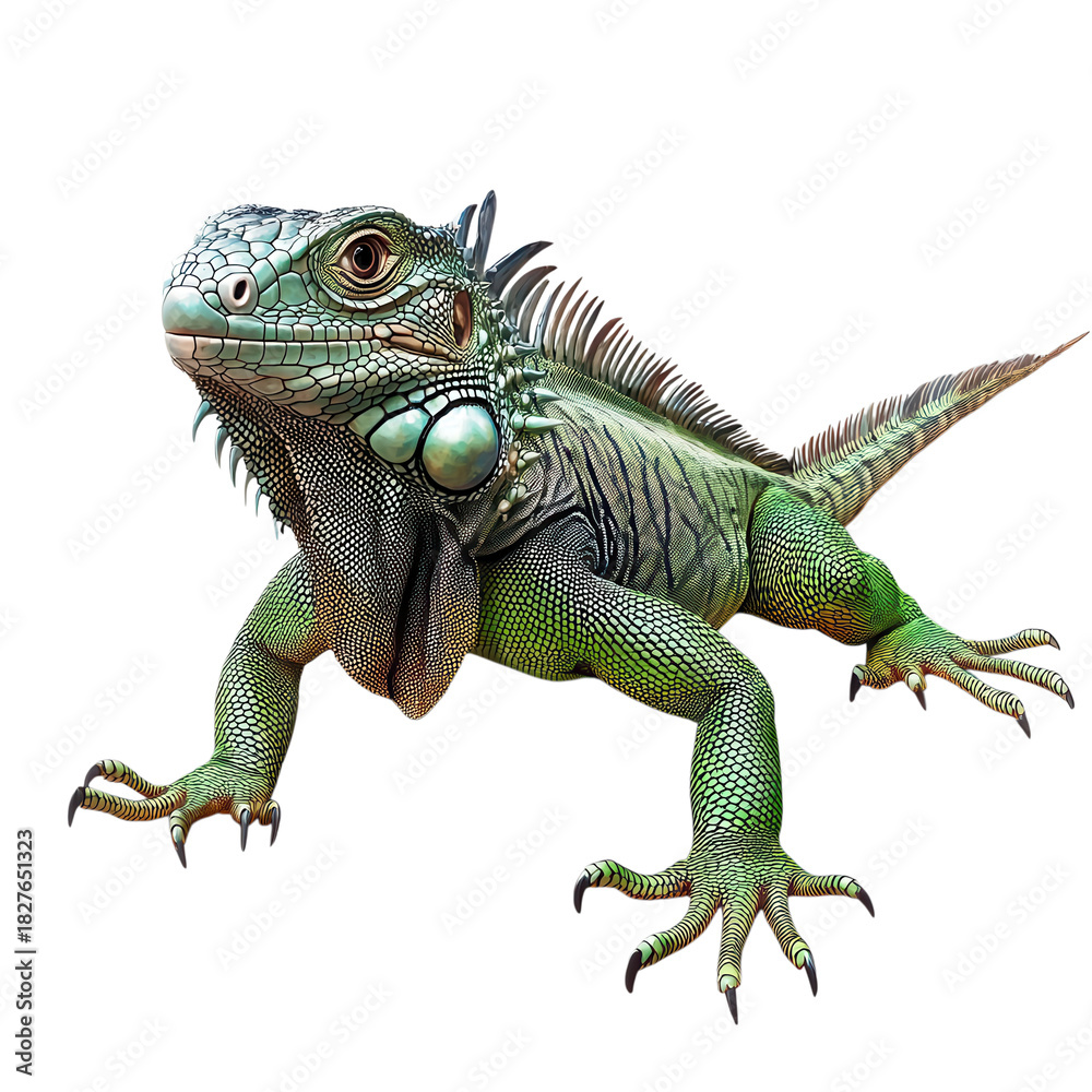 Fototapeta premium Realistic green iguana lizard cutout PNG, detailed reptile wildlife illustration with isolated white background