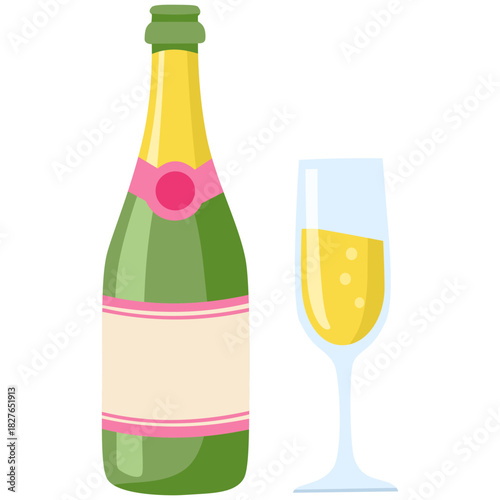 Champagne bottle and glass. Concept of drinking party, birthday, wedding, christmas, new year celebration, Valentine’s Day.