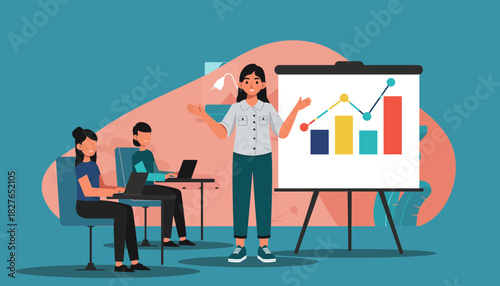 Professional business presentation with data analysis and team collaboration during a corporate meeting