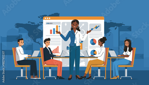 A confident business woman leading a corporate presentation to her diverse team in a meeting