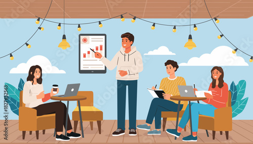 Dynamic business presentation on financial analysis and market trends, fostering collaborative learning and team strategy